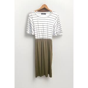Fashion Striped Tie Back Midi Dress M White & Olive Green Casual Chic